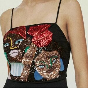 ZARA Women In Art Sequin Crop Top Black